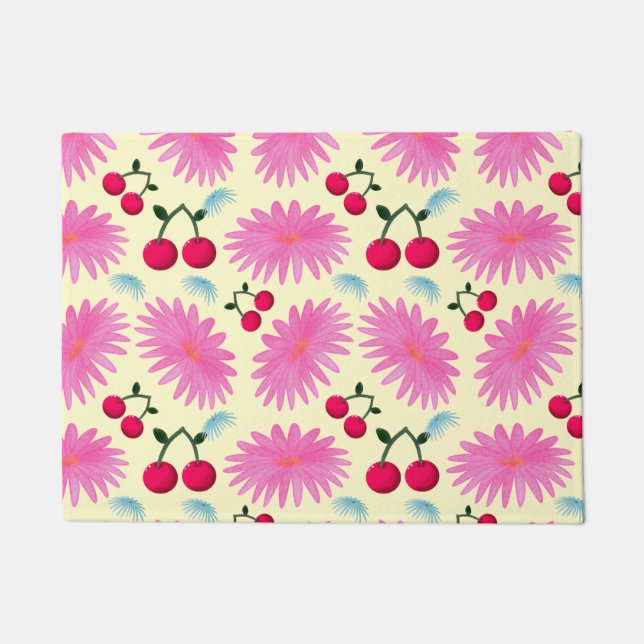 Bright Pink Floral Cherry Pattern | Cute Kawaii  Fußmatte (Vorderseite)