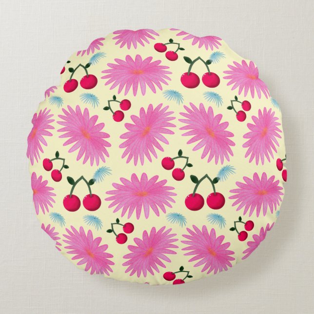 Bright Pink Floral Cherry Pattern | Cute Kawaii  Rundes Kissen (Vorderseite)