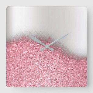 Bright  Pink Glitter Silver Gray Minimal Metallic Quadratische Wanduhr