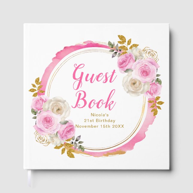 Bright Pink Gold Elegant Flowers Birthday Party Gästebuch (Vorderseite)