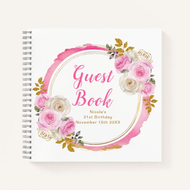 Bright Pink Gold Elegant Flowers Birthday Party Notizbuch (Vorderseite)