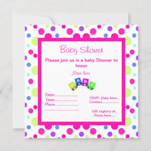 BRIGHT PINK POLKA DOT BLOCKS BABY SHOWER INVITATIO EINLADUNG