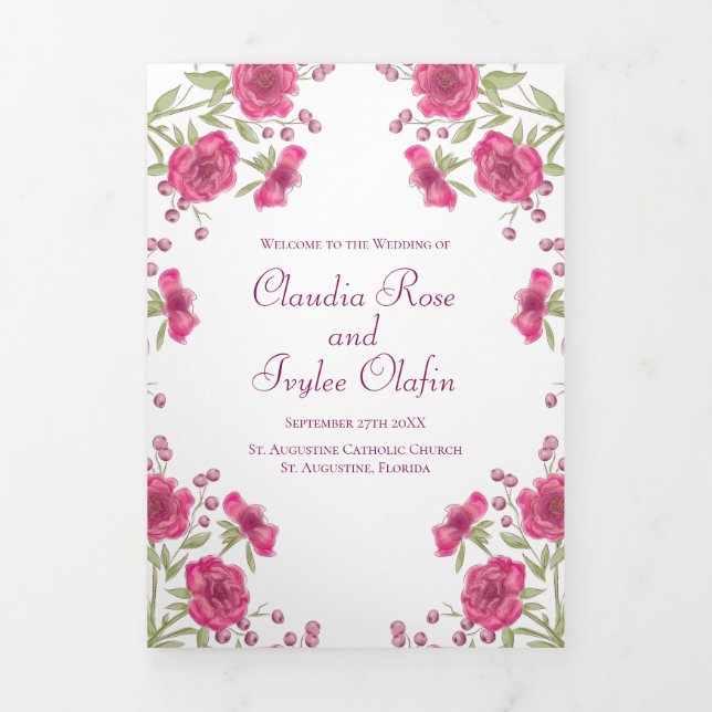 Bright Pink Rose Wedding Programs Dreifach-gefaltete Programmkarte (Cover)