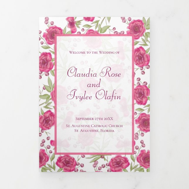 Bright Pink Rose Wedding Programs Dreifach-gefaltete Programmkarte (Cover)