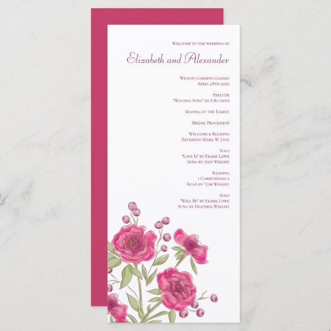 Bright Pink Rose Wedding Programs Menükarte (Vorne/Hinten)