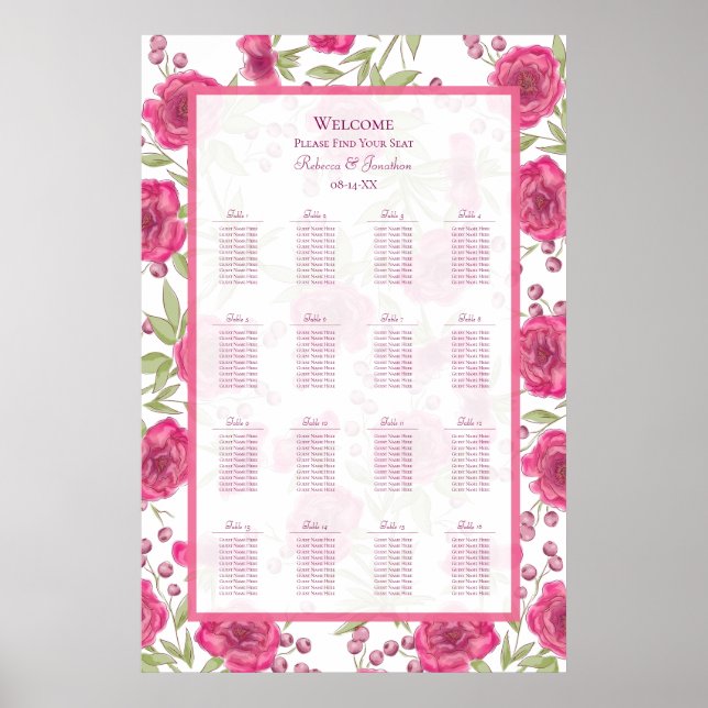 Bright Pink Rose Wedding Seating Chart Poster (Vorne)