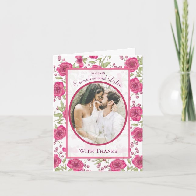 Bright Pink Rose Wedding Thank You Cards Photo Einladung (Vorderseite)