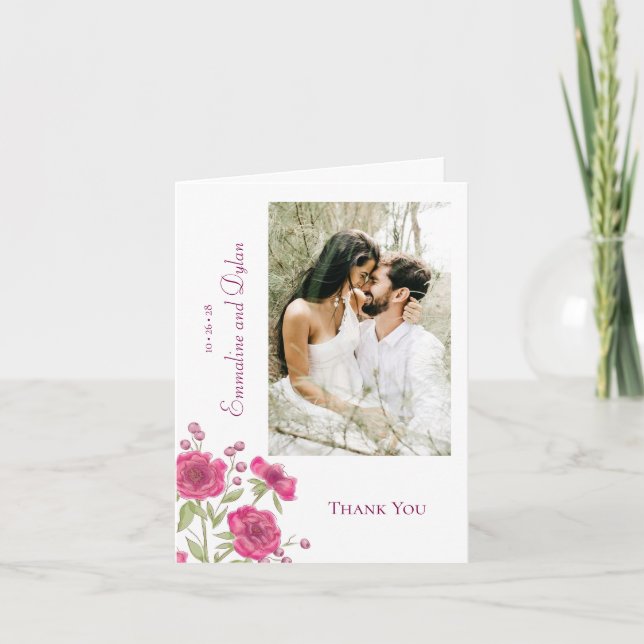 Bright Pink Rose Wedding Thank You Cards Photo Einladung (Vorderseite)