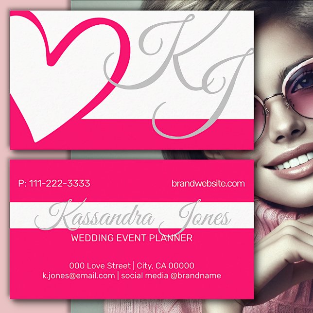 Bright Pink White Girly Heart Calligram Visitenkarte (Von Creator hochgeladen)