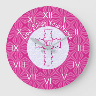 Bright Pink Zig Zag Cross on Hot Pink and White Große Wanduhr