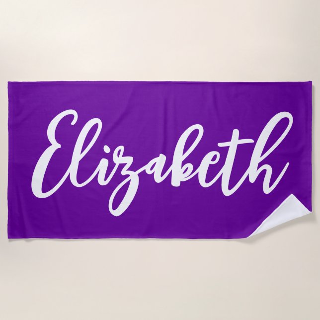 Bright Purple and White Lettering Script Strandtuch (Vorderseite)