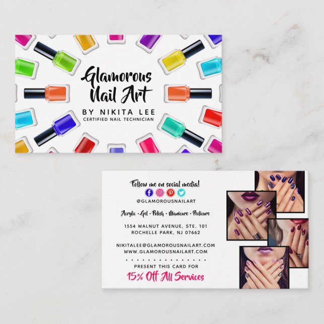 Bright Rainbow Nail Polish Art Tech Salon 4-Photo Visitenkarte (Vorne/Hinten)