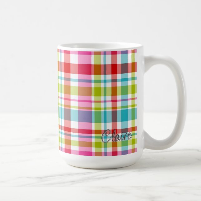 Bright Rainbow Plaid Checkered Pattern Custom Name Kaffeetasse (Rechts)