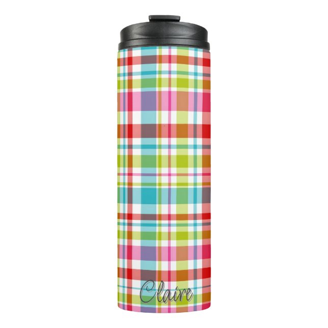 Bright Rainbow Plaid Checkered Pattern Custom Name Thermosbecher (Vorderseite)