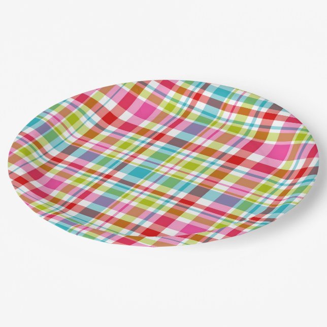 Bright Rainbow Plaid Checkered Pattern  Pappteller (Schrägansicht)