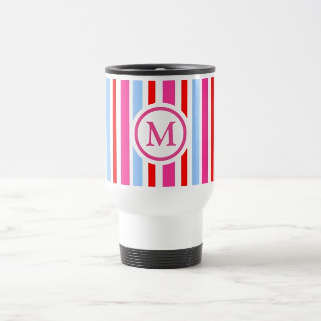 Bright Red and Blue Candy Stripes Monogram Reisebecher (Mittel)