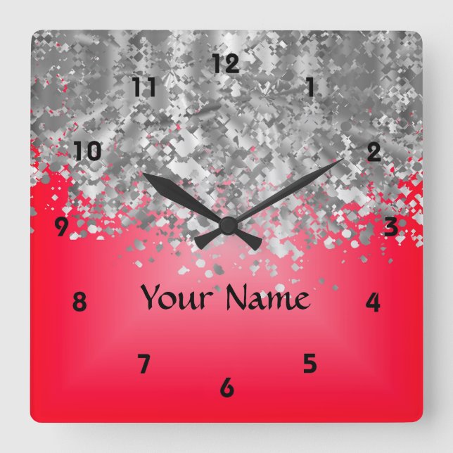 Bright Red and Falsch Glitter Quadratische Wanduhr (Vorderseite)