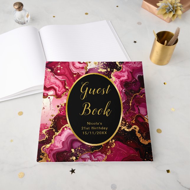Bright Red and Gold Marble Agate Birthday Party Gästebuch (Vorderseite offen)