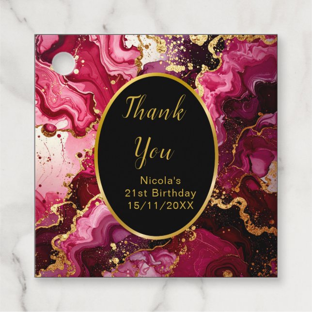 Bright Red and Gold Marble Agate Birthday Party Geschenkanhänger (Vorderseite)