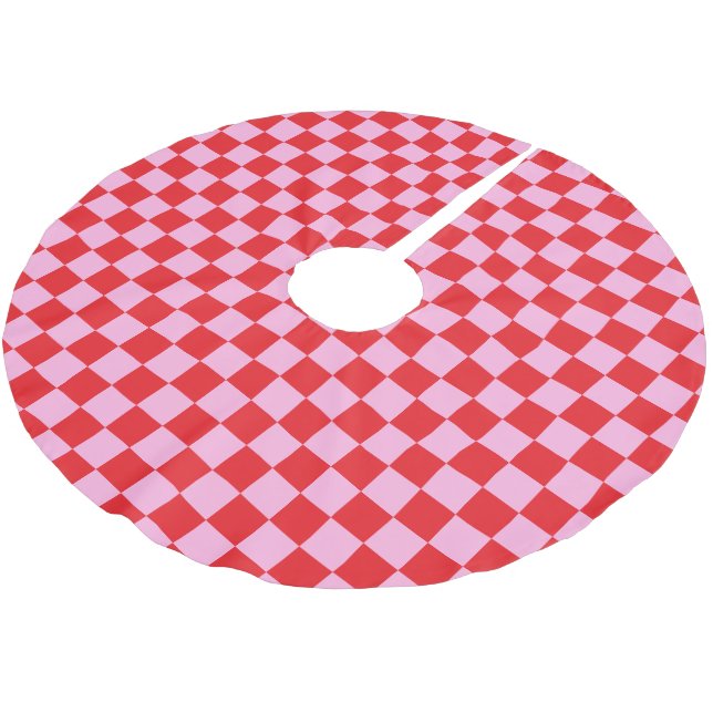 Bright Red and Light Pink Checkered Polyester Weihnachtsbaumdecke (Schrägansicht)