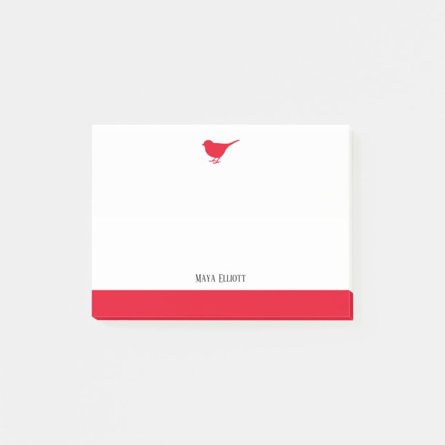 Bright Red Bird & Border on White mit Name Post-it Klebezettel (Vorderseite)