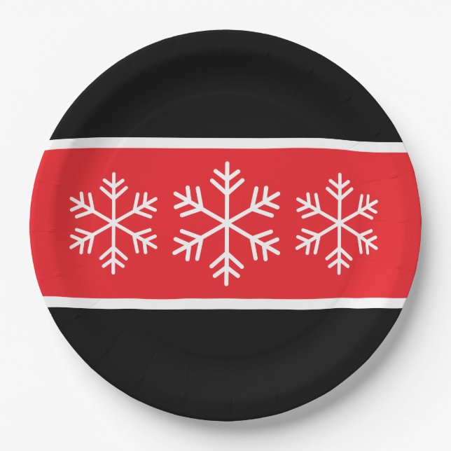 Bright Red Black White Stripes Alpine Snowflakes Pappteller (Vorderseite)