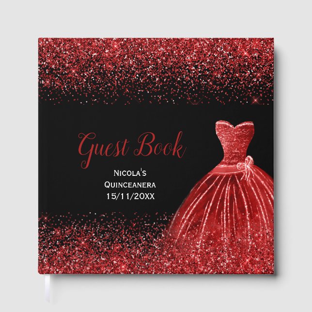 Bright Red Dress Faux Glitter Quinceanera Gästebuch (Vorderseite)