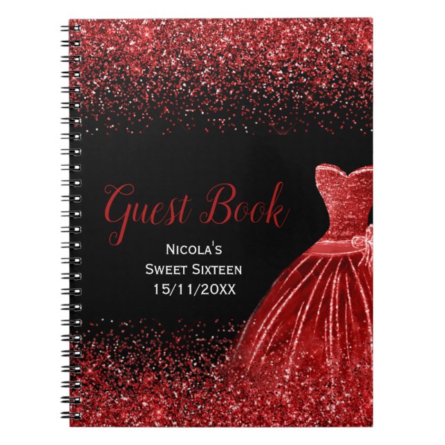 Bright Red Dress Faux Glitter Sweet 16  Guest Book Notizblock (Vorderseite)