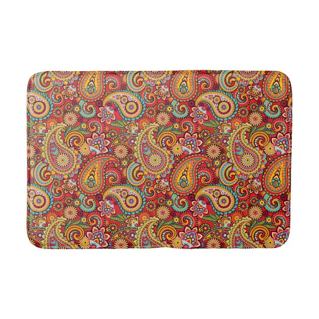Bright Red Floral Paisley Bohemian Muster Badematte (Vorderseite)