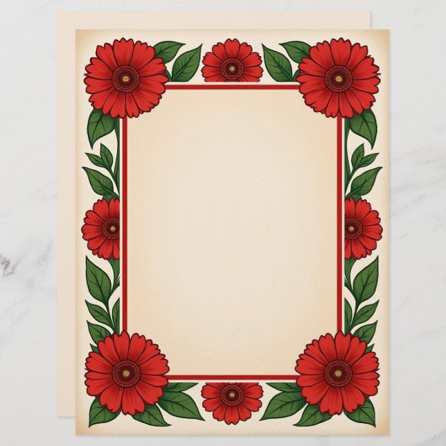 Bright Red Flowers & Frame Stationery Paper Briefbogen (Vorne/Hinten)