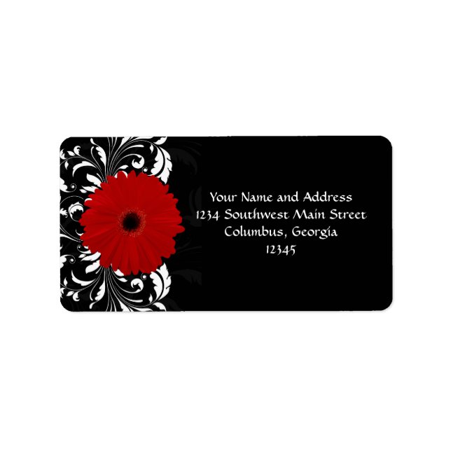 Bright Red Gerbera Daisy auf Black Adressaufkleber (Vorne)