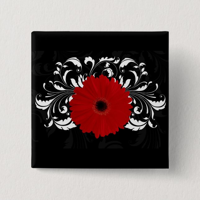 Bright Red Gerbera Daisy auf Black Button (Vorderseite)