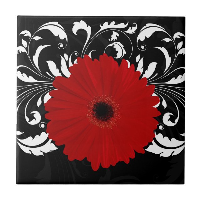 Bright Red Gerbera Daisy auf Black Fliese (Vorderseite)