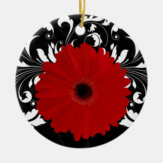 Bright Red Gerbera Daisy auf Black Keramik Ornament (Vorne)