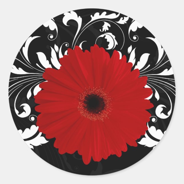 Bright Red Gerbera Daisy auf Black Runder Aufkleber (Vorderseite)