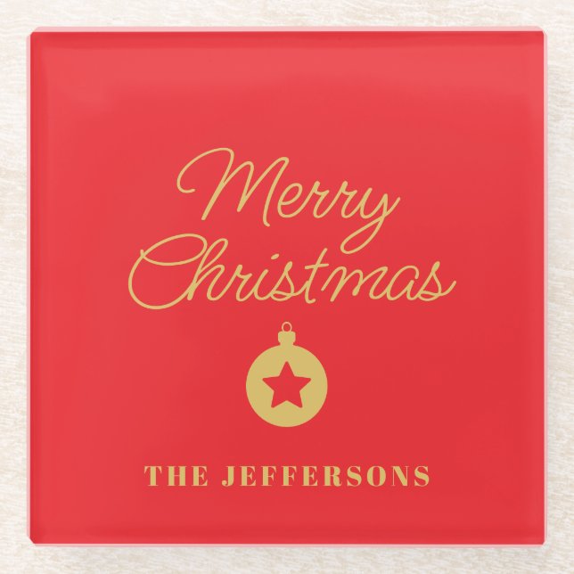 Bright Red & Gold Colors Merry Christmas Glasuntersetzer (Vorderseite)