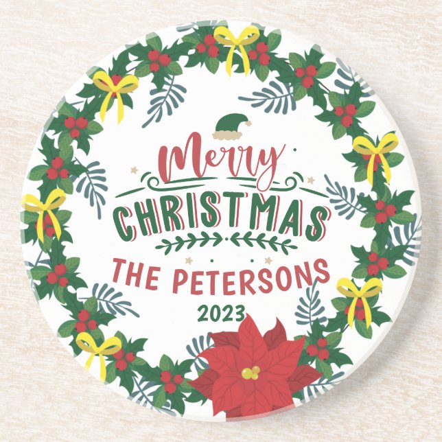 Bright Red Poinsettia Weihnachtskranz Getränkeuntersetzer (Vorne)