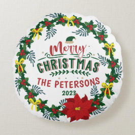 Bright Red Poinsettia Weihnachtskranz Rundes Kissen