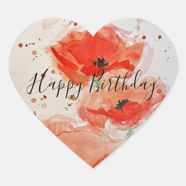 Bright Red Poppies Aquarell Flat Birthday Card Herz-Aufkleber (Vorderseite)