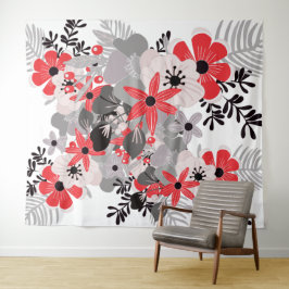 Bright Red Ultimate Gray Boho Floral Wandteppich