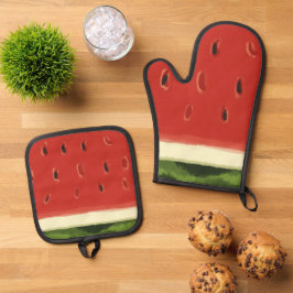 Bright Red Watercolor Wassermelone Ofenhandschuh & Topflappen-Set