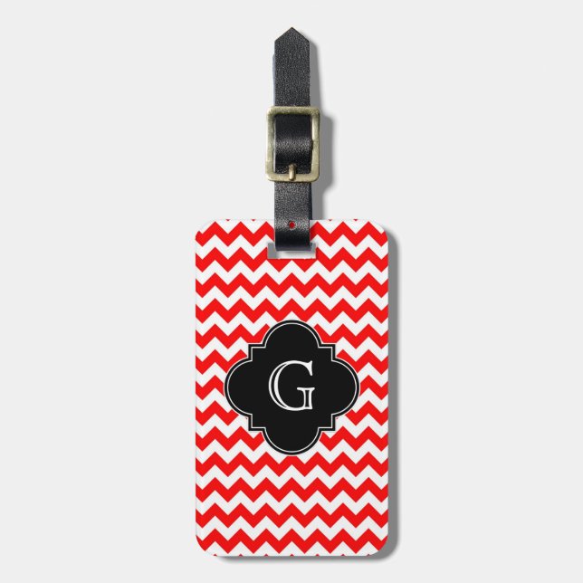 Bright Red White Chevron Black Quatrefoil Monogram Gepäckanhänger (Vorderseite vertikal)