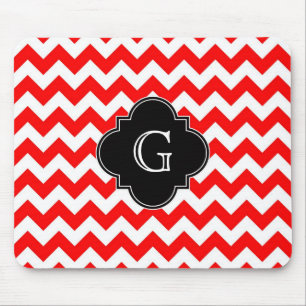 Bright Red White Chevron Black Quatrefoil Monogram Mousepad