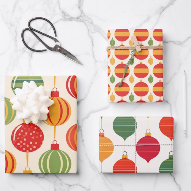 Bright Retro Christmas Ornament Wrapping Paper Geschenkpapier Set (Vorderseite)