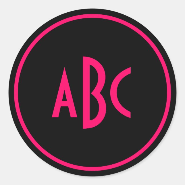 Bright-Rosa- und Black-Circle-Monogramm Runder Aufkleber (Vorderseite)