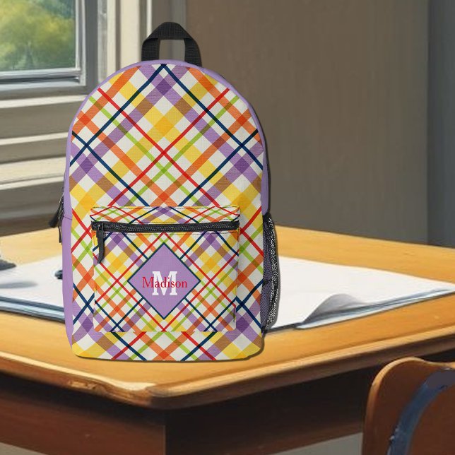 Bright School Plaid Purple Monogram Bedruckter Rucksack (Von Creator hochgeladen)