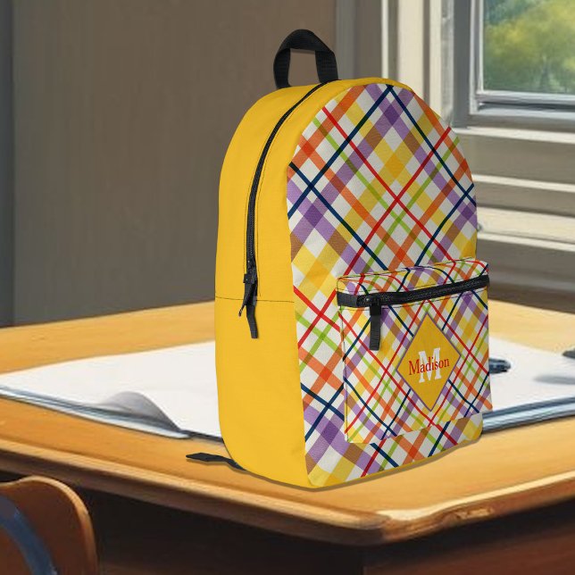 Bright School Plaid Yellow Monogram Bedruckter Rucksack (Von Creator hochgeladen)