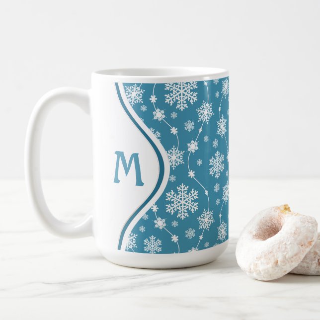 Bright Sky Blue Winter White Snowflake Muster Kaffeetasse (Mit Donut)
