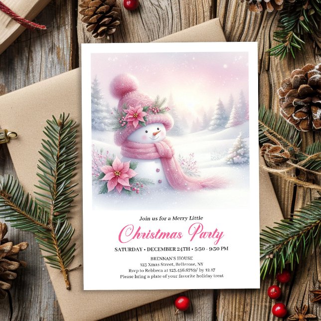Bright Snowy Forest Pink Snowman Christmas Invite  Einladung (Bright Snowy Forest Pink Snowman Christmas Invite Digital)