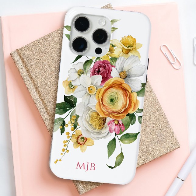 Bright Spring Floral Bouquet mit Monogram Case-Mate iPhone Hülle (Personalize this floral iPhone case with your monogram initials.)